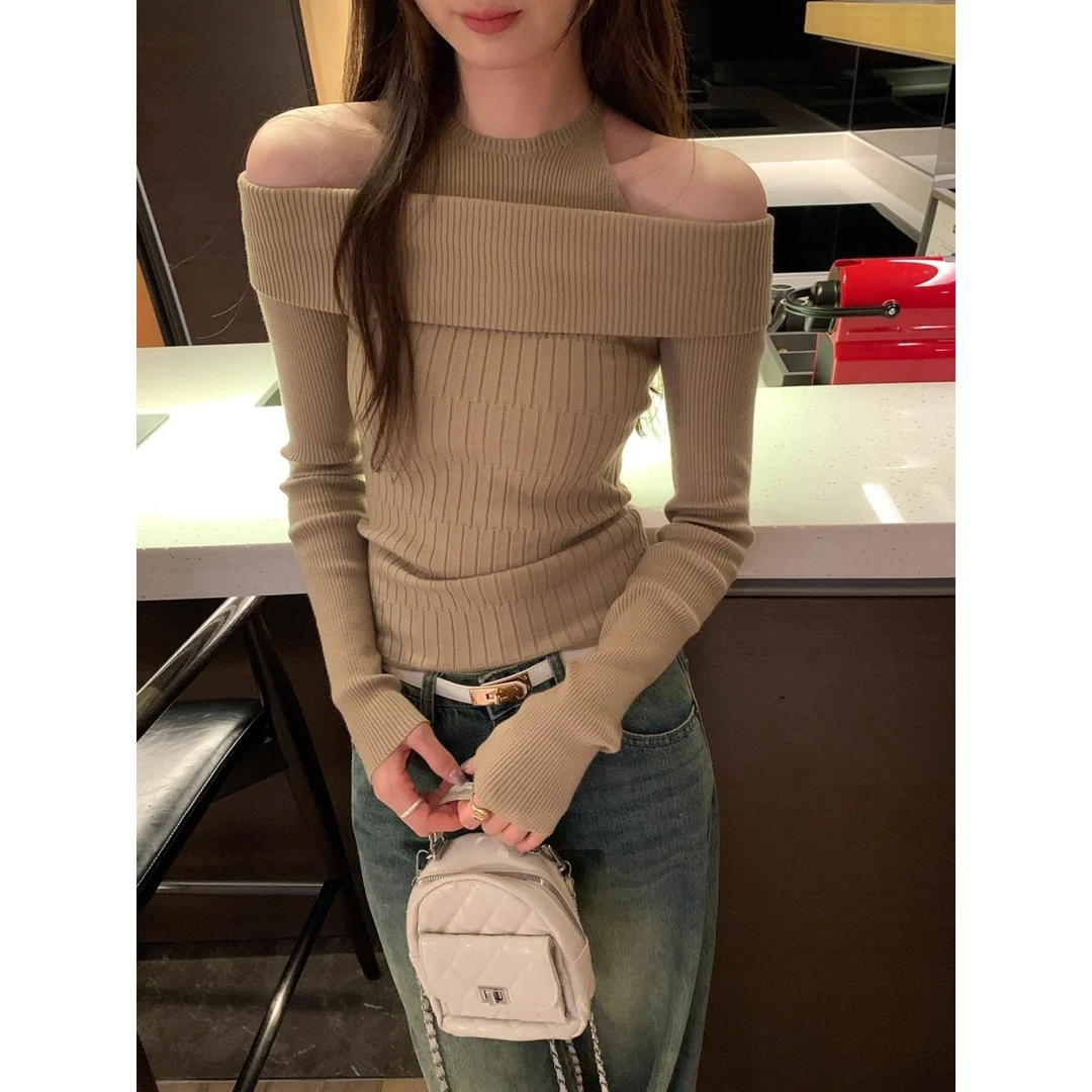 【包芯纱洗水】韩系漂亮卡其色假两件长袖针织衫女秋露肩内搭小上