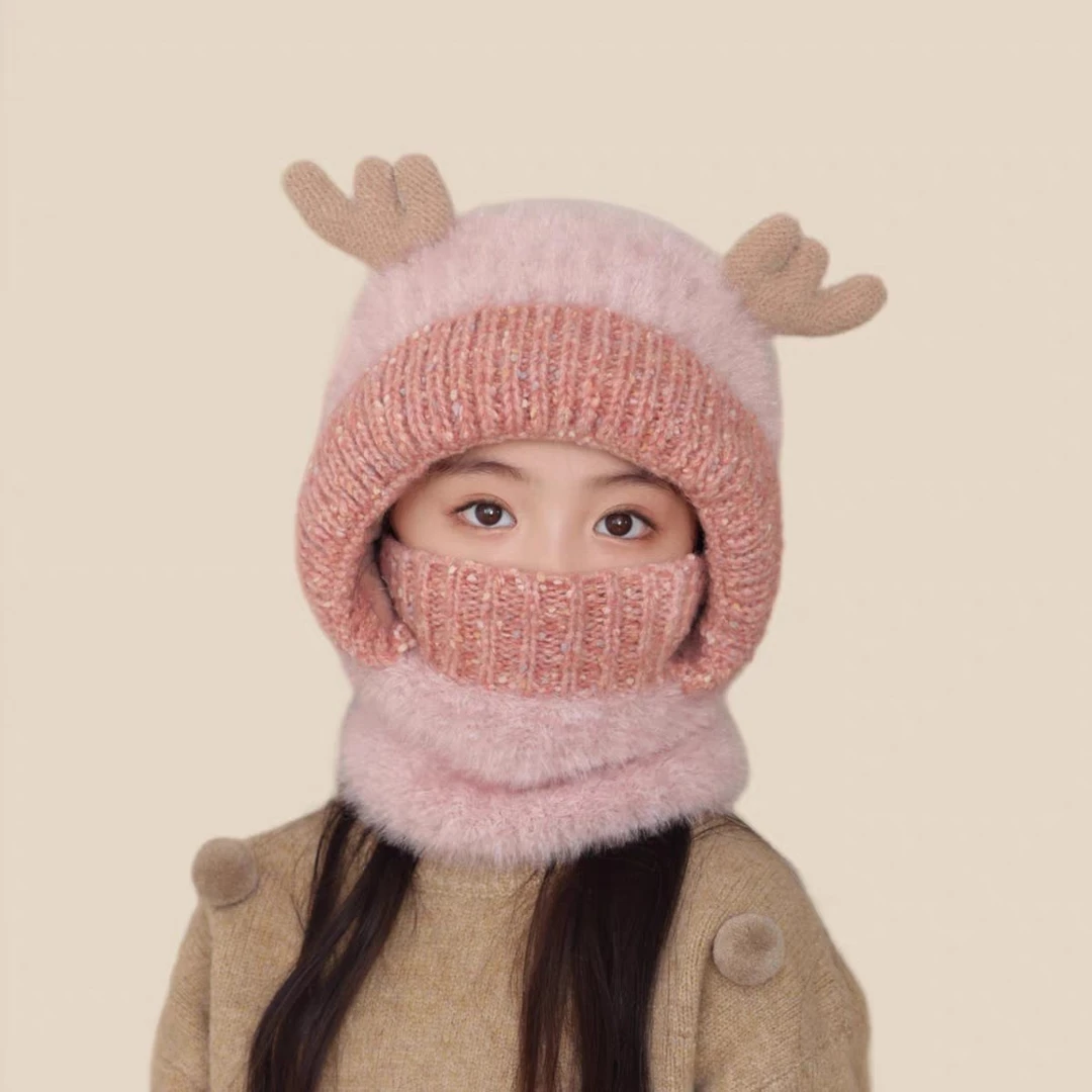 儿童帽子围脖一体冬季加厚男女宝宝可爱护耳防风帽保暖套头两件套