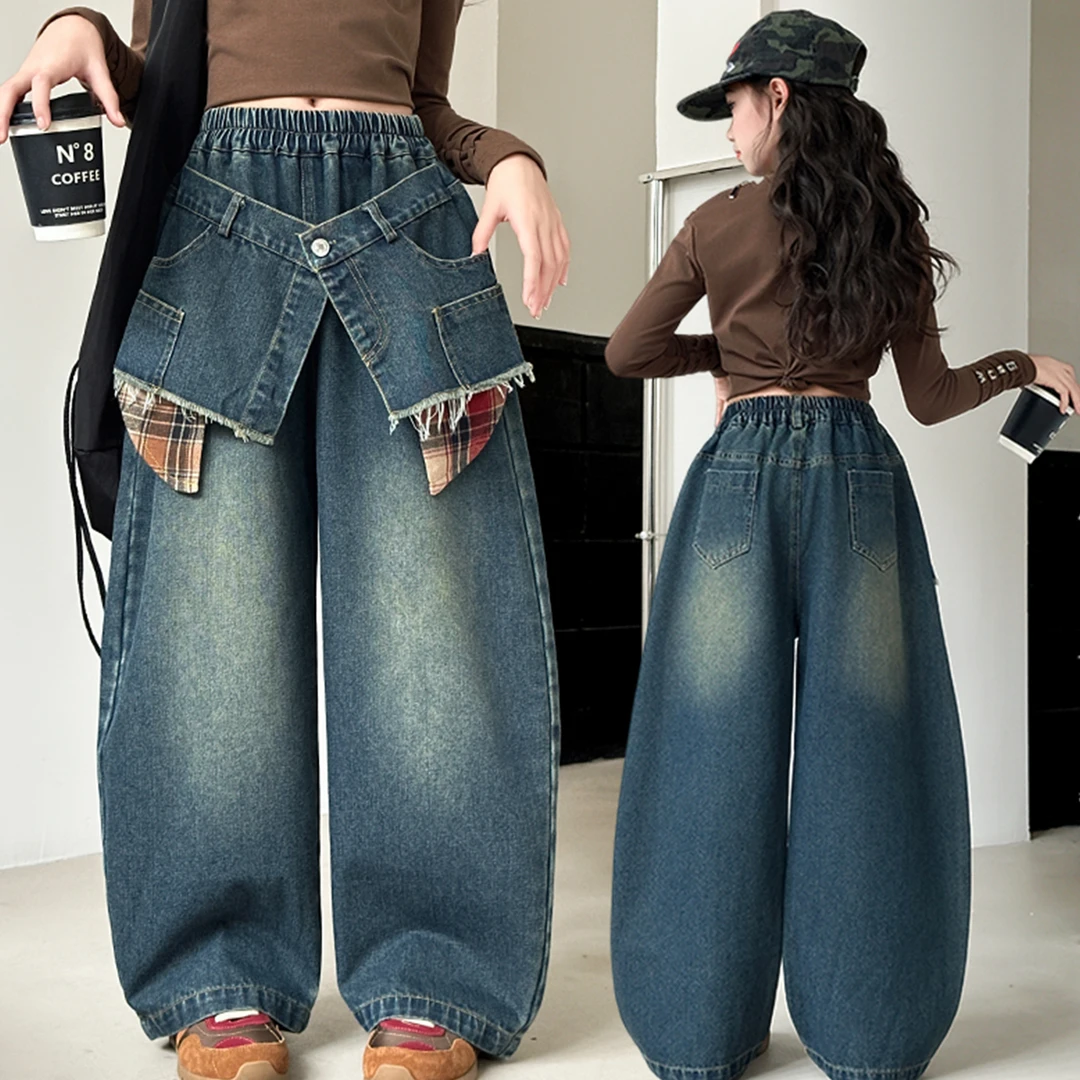 女童牛仔裤春秋2025新款时髦炸街潮款大童裤子韩版秋季儿童阔腿裤