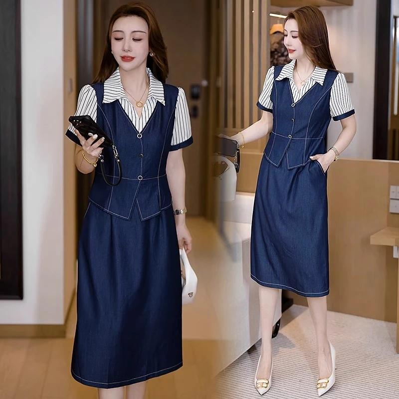 2025显瘦夏季短袖精品妈妈装中长款水洗软牛仔连衣裙