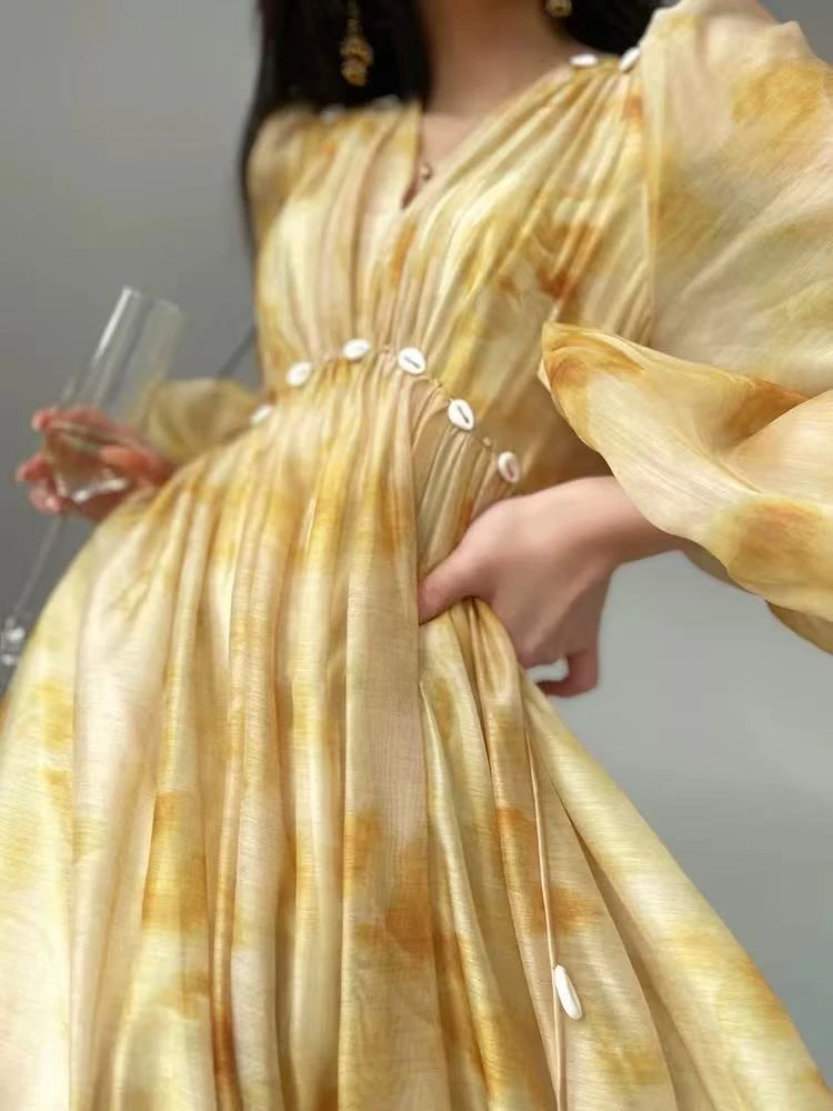 TG高定黄色茶歇法式泡泡袖温柔风气质绝美长裙-119