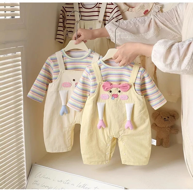 婴幼儿春秋款两件套女宝宝哈衣连体衣可爱卡通新生儿外出套装