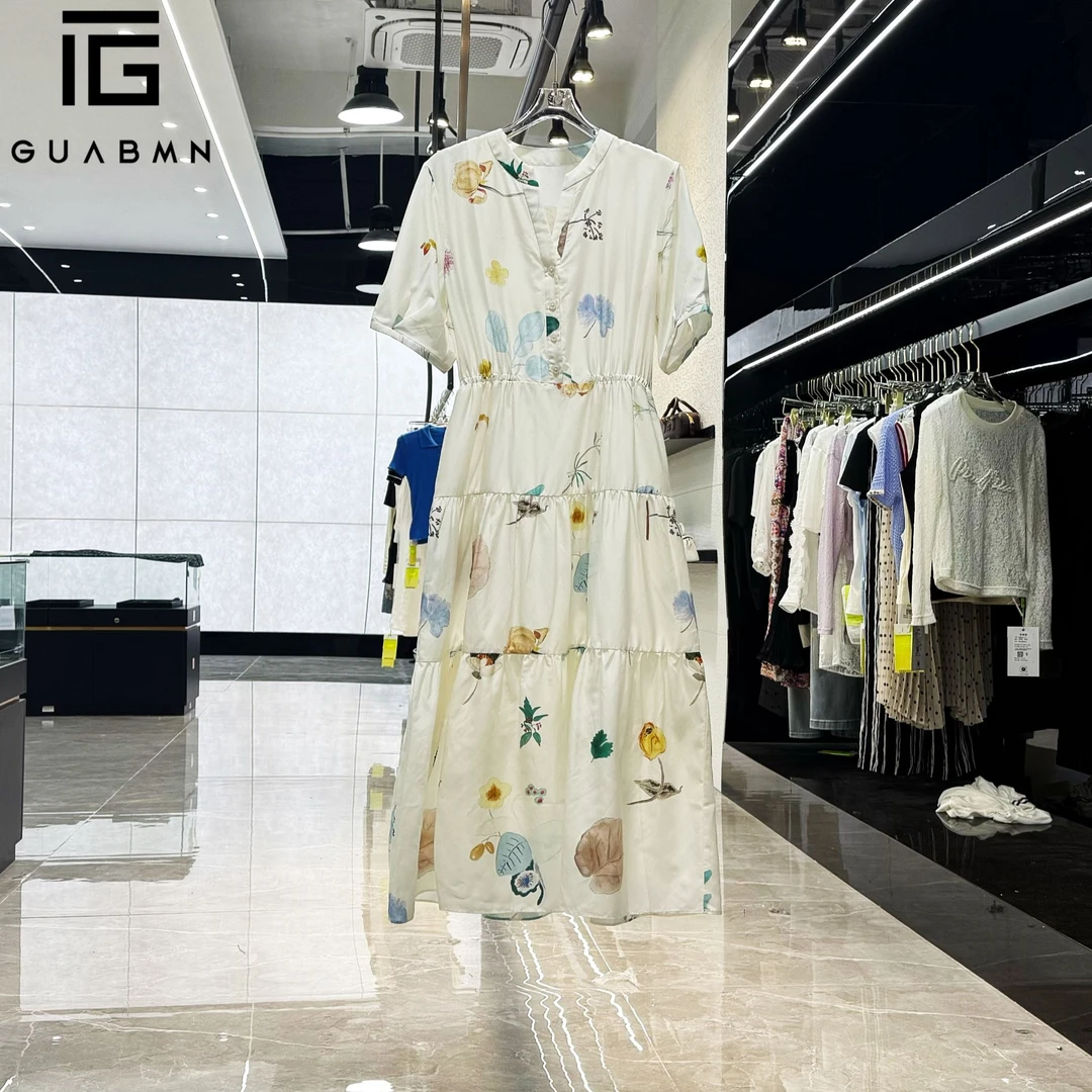 2025夏季新款水彩印花收腰显瘦度假风通勤简约女装连衣裙5231