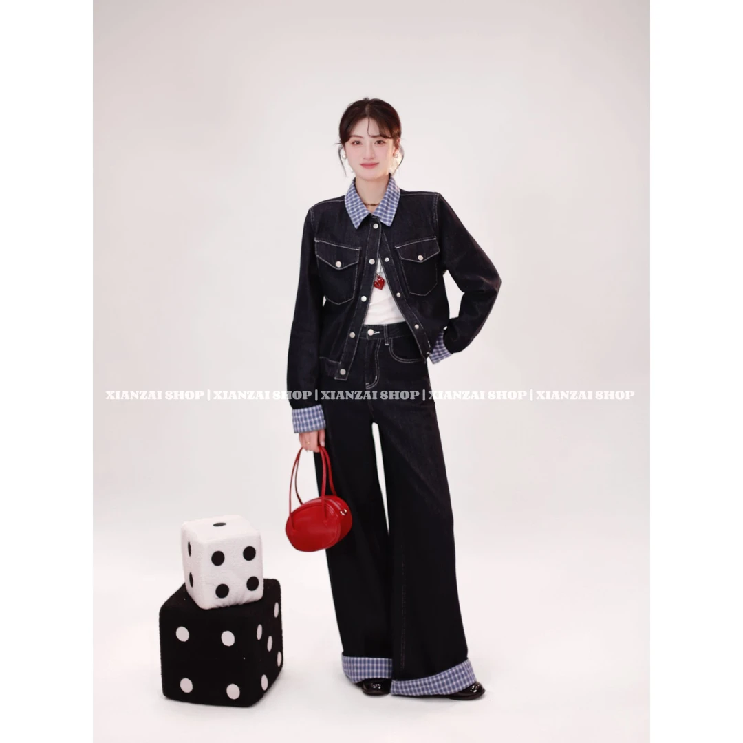 XIANZAI【牛仔的酷】秋冬反季拼接撞色格纹牛仔外套牛仔裤两件套装
