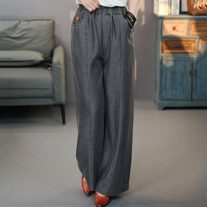 6850黑色2025夏季新款莱赛尔牛仔直筒裤女宽松大码松紧时尚休闲