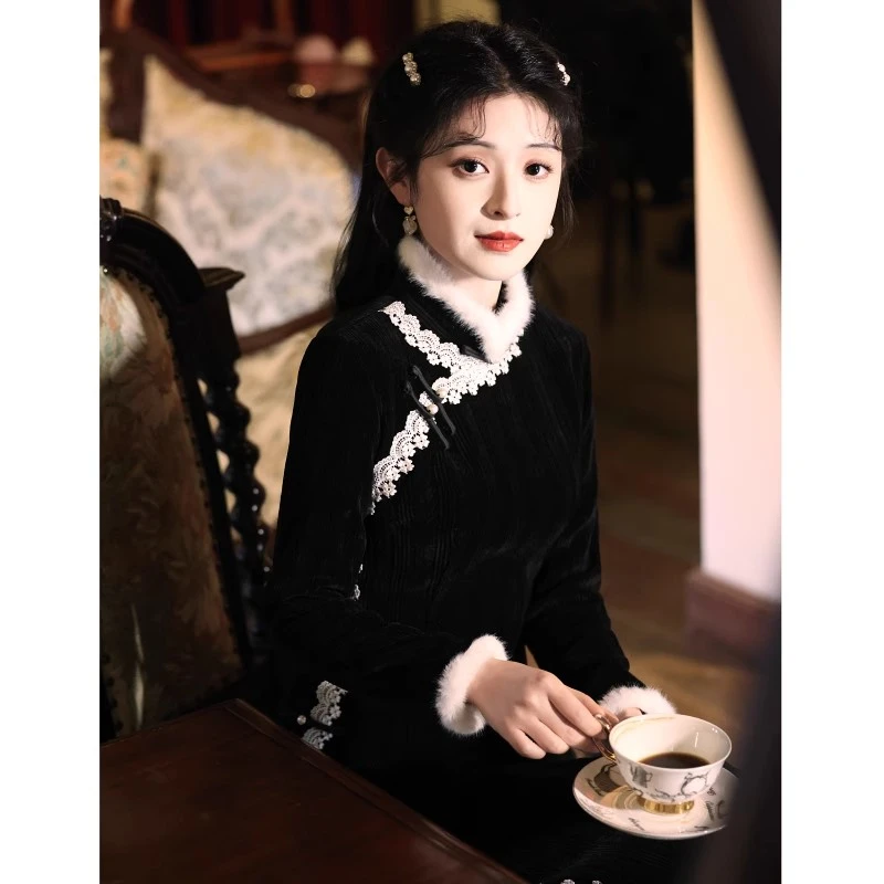 苏杭黑色改良旗袍新款2025秋冬高级感复古修身加绒加厚新中式女装