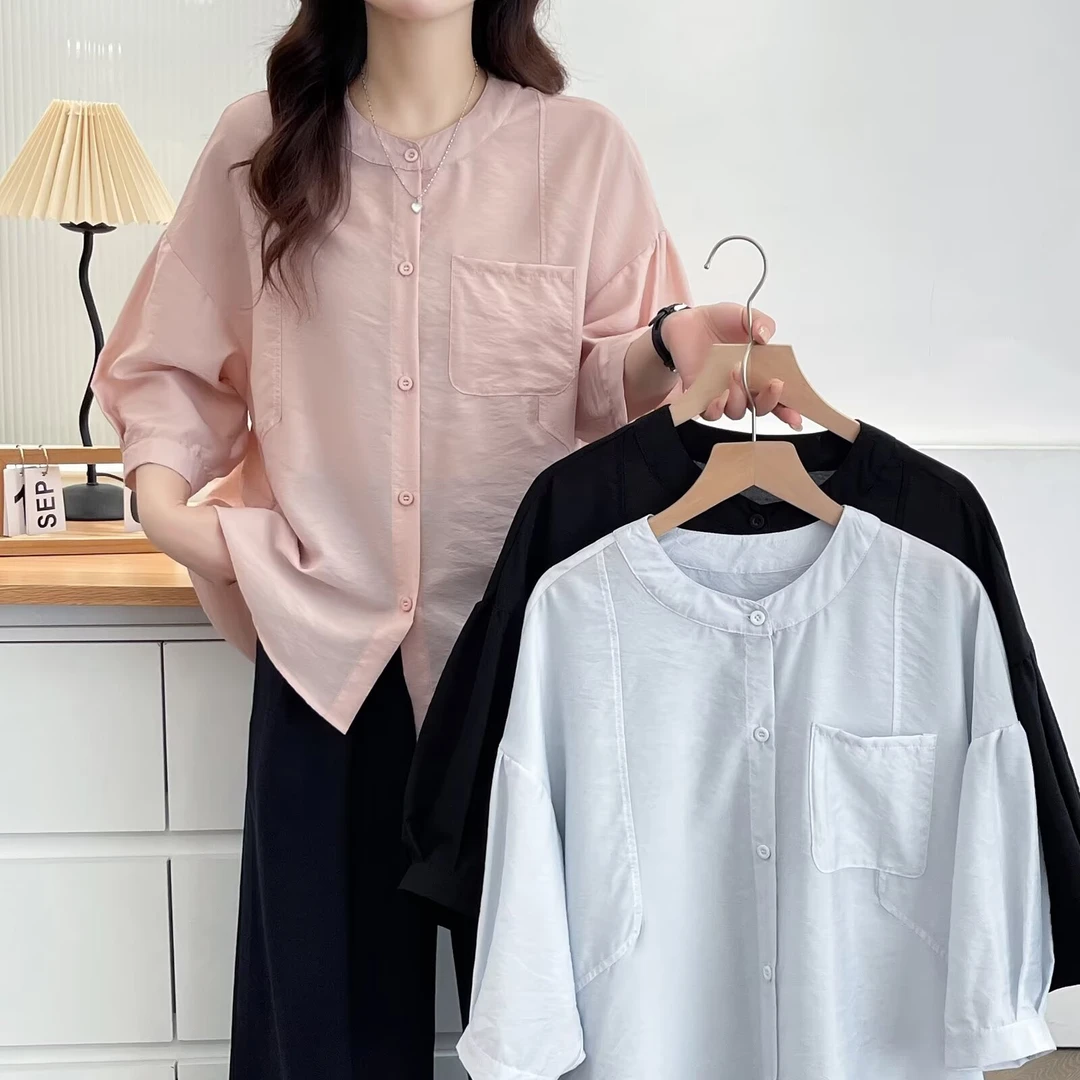 纽扣夏季灯笼袖短袖薄款大码衬衫单排多扣甜辣风
