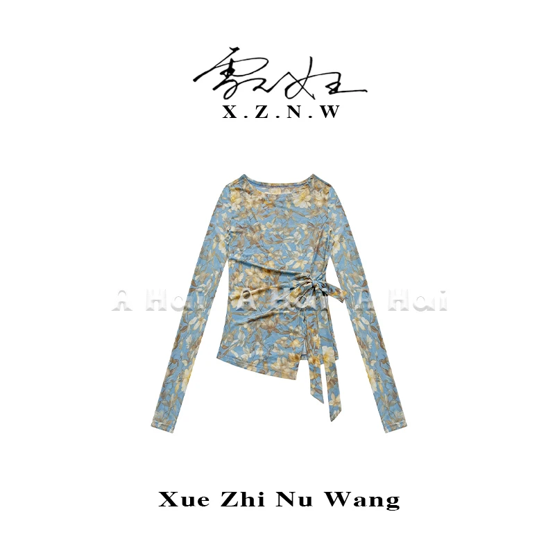 A Hai【雾蓝花绾】夏季复古气质印花长袖蝴蝶结绑带T恤女修身上衣