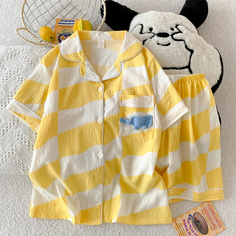 少女短袖短裤睡衣夏天卡通可爱休闲开衫大童家居服宿舍学生可外穿