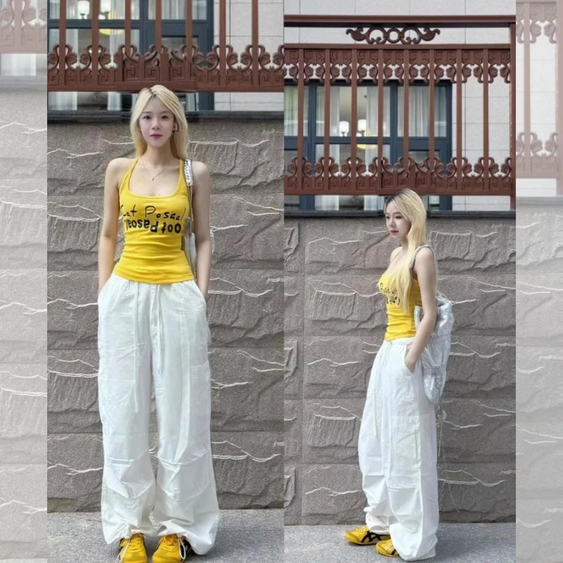 小婉薇 美式复古黄色字母小背心女夏新款辣妹修身外穿吊带上衣