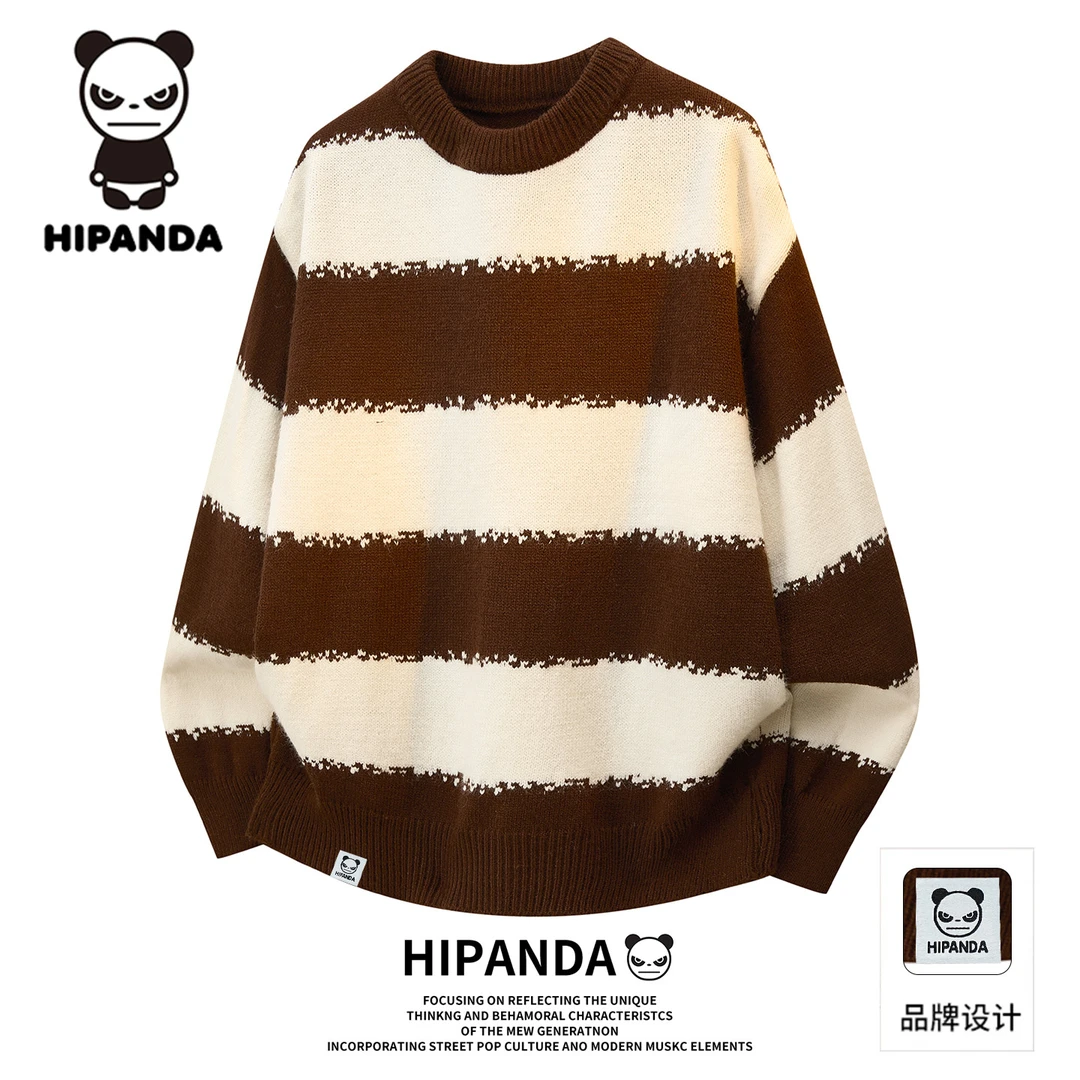 HiPanda潮流复古男士毛衣秋冬新款日系百搭圆领条纹慵懒风针织衫