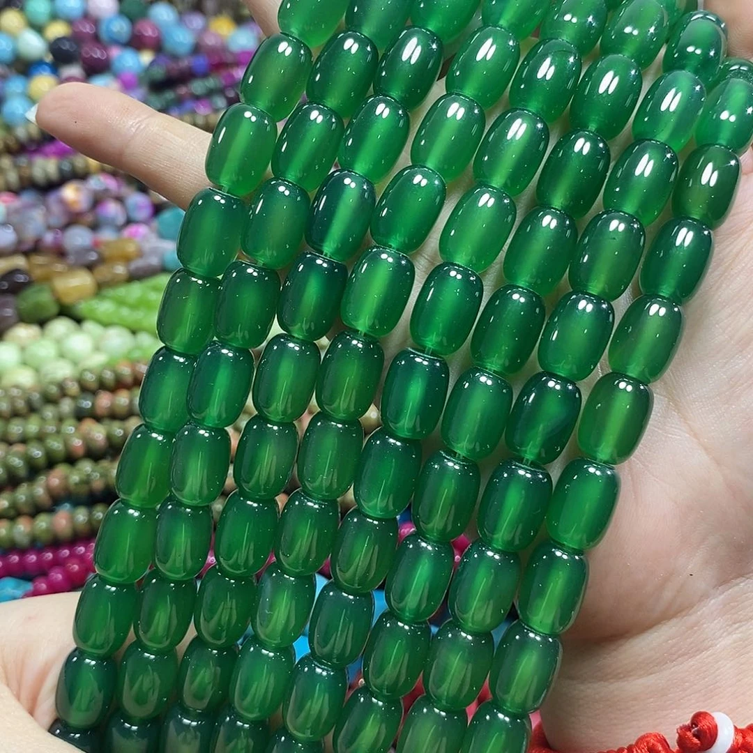 玛瑙/玉髓未镶嵌珠宝半成品绿玛瑙桶珠一条卡10*14mm