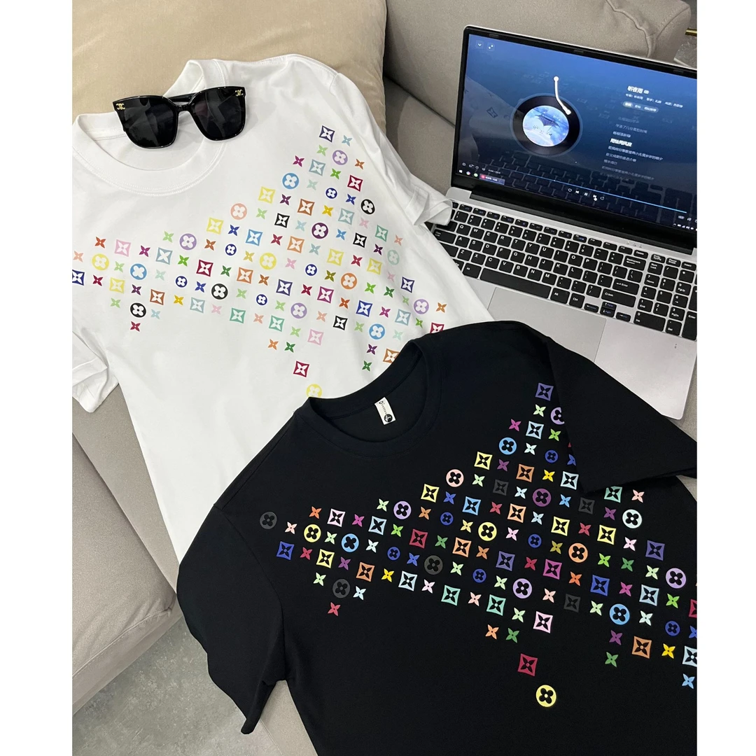 五彩三花纯棉系列宽松女印花设计师T恤百搭夏圆领宽松短袖上衣