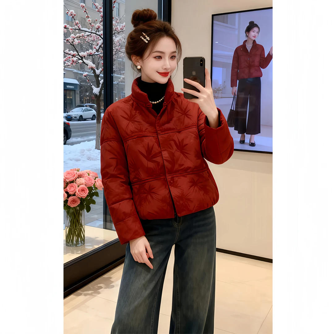 今年流行爆款红色立领短款棉服女2026冬季新款国风盘扣棉衣