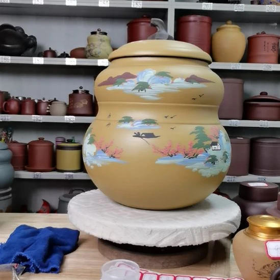 紫砂茶叶罐正品大葫芦黄金段泥全手工山水款9813