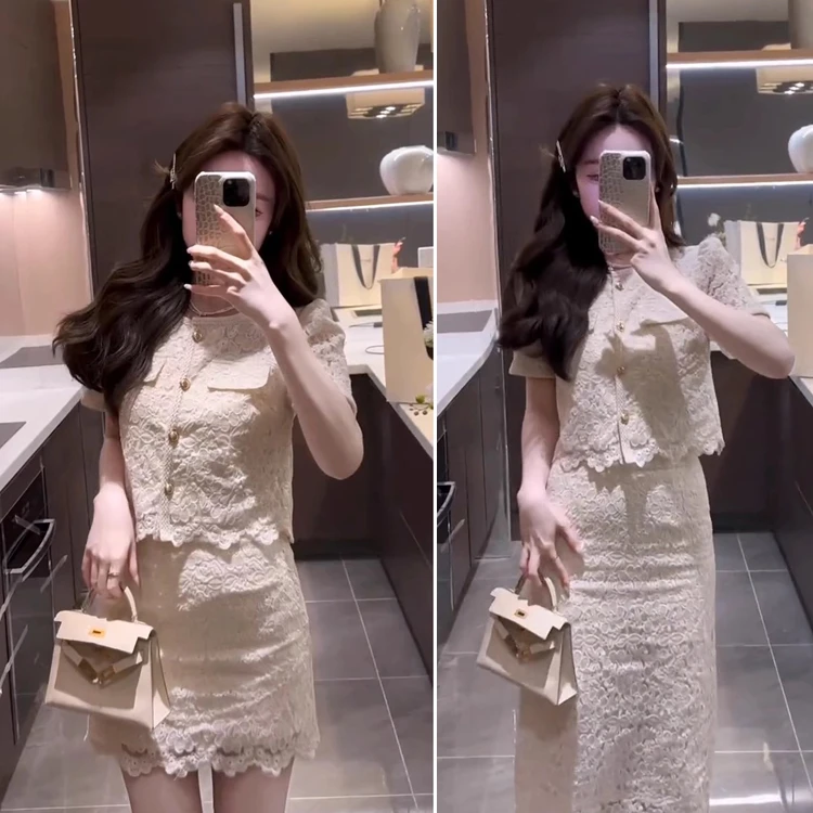 【朵拉】微胖大码夏季时尚气质小香风蕾丝上衣半身裙两件套装