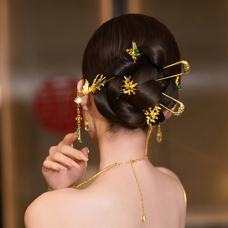 G393新娘中式发簪金绿简约精致龙凤褂发簪古典结婚旗袍秀禾头饰