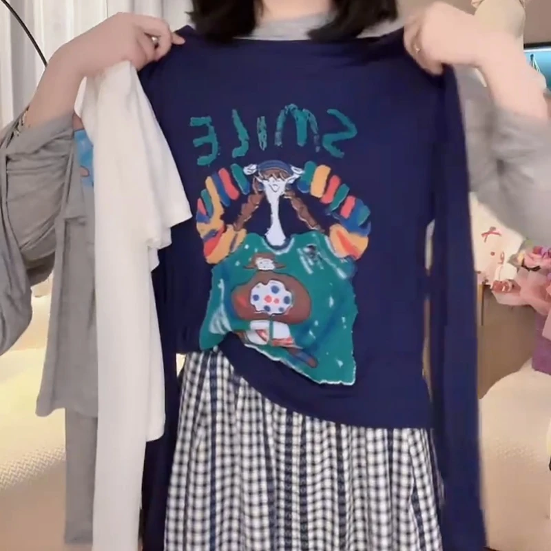 【微笑女孩防晒】夏季薄款长袖t恤印花休闲圆领上衣女LK2503685