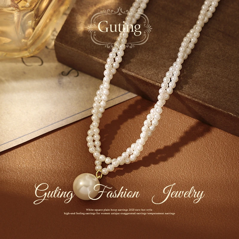 铜合金吊坠 6442设计感双层缠绕珠珠项链精致闪耀满天星颈链百搭