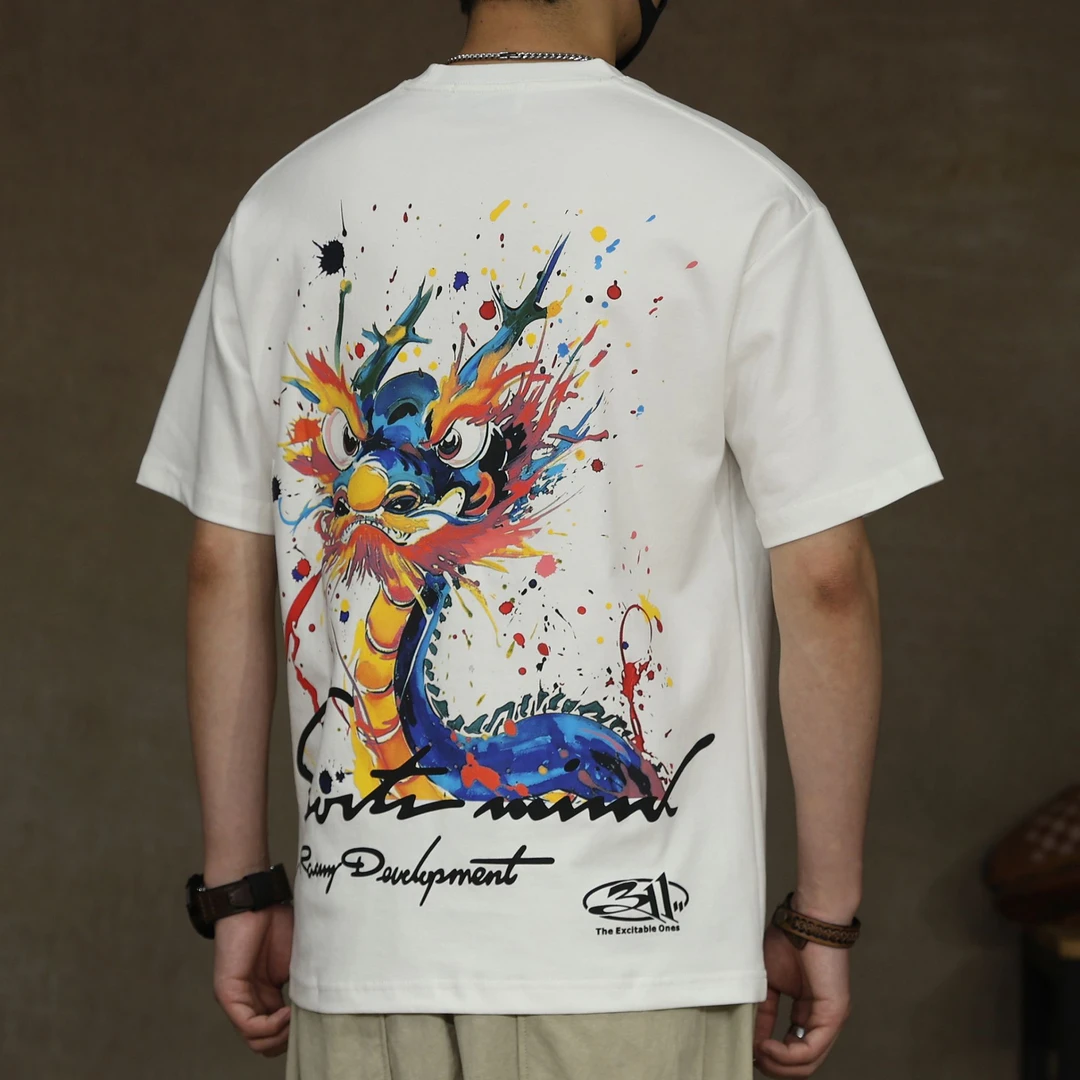 夏季涂鸦彩绘短袖T恤男宽松潮流薄款印花体恤高级感五分袖情侣潮T