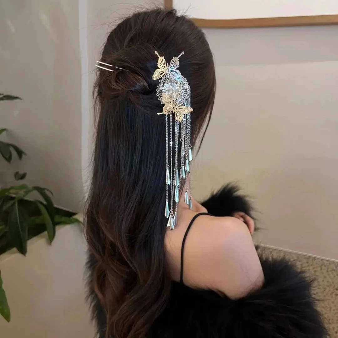 蝴蝶银流苏发簪女苗族新中式风铃盘发钗簪子古风秋冬u型发夹发饰