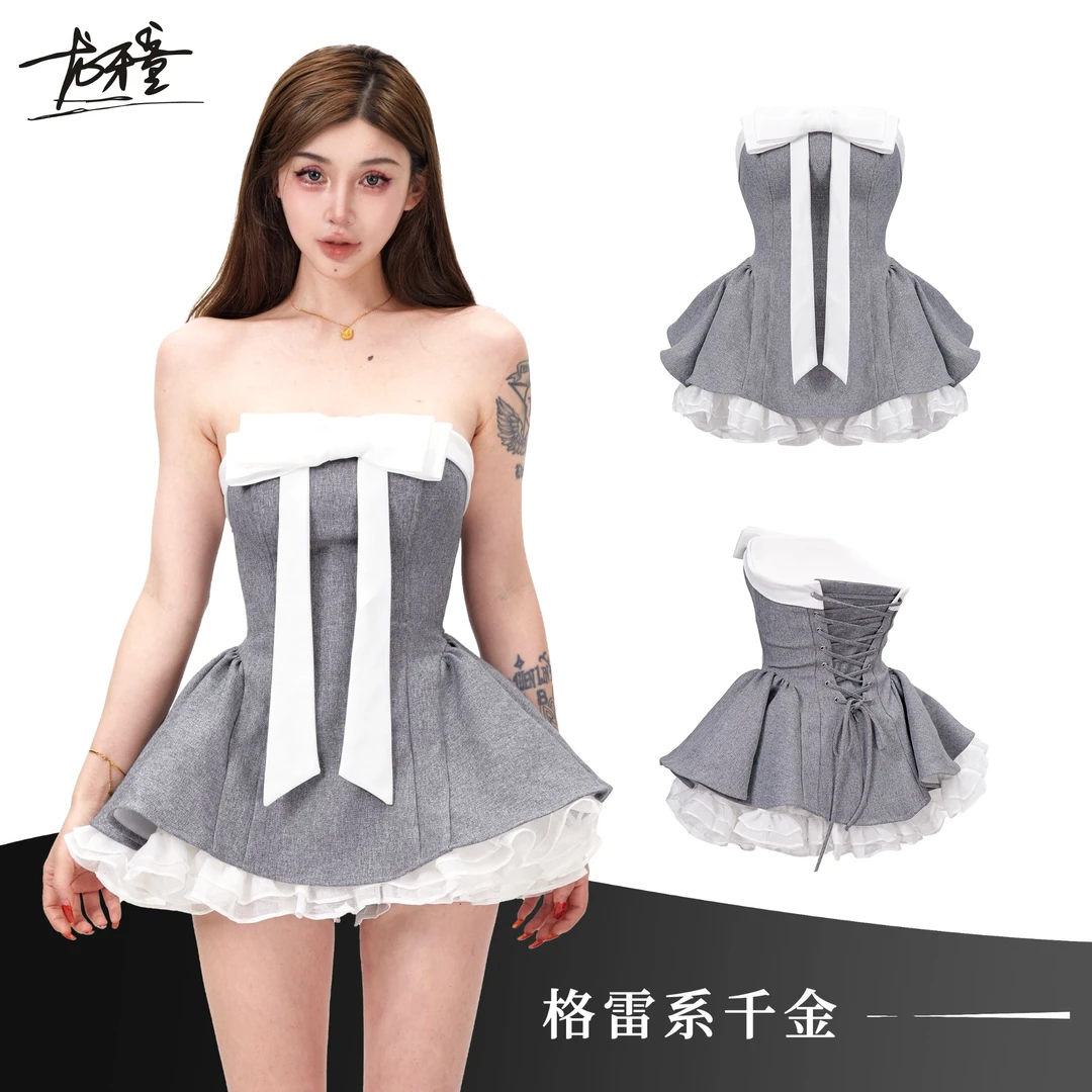 龙牙童推荐【格雷系千金】韩系少女蝴蝶结撞色拼接一字肩连衣蓬蓬裙