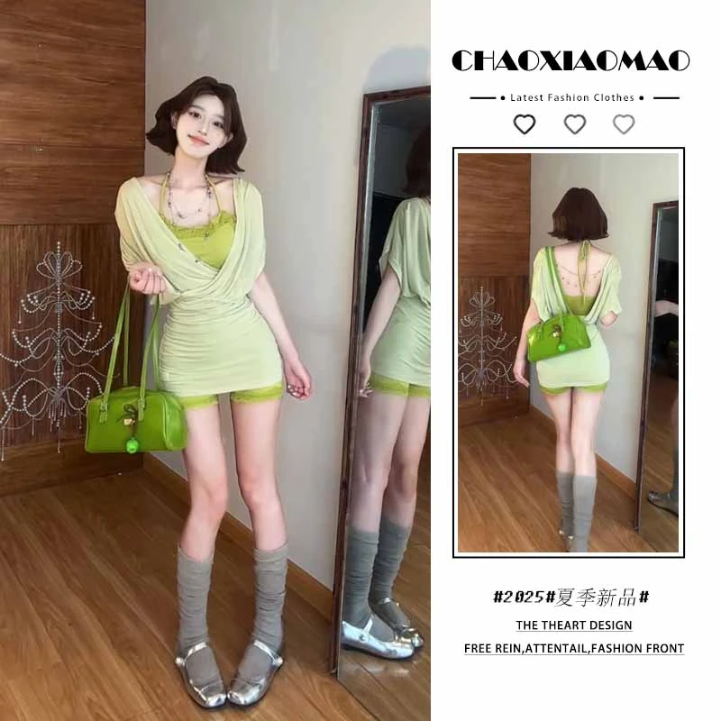 2025年夏春季新款韩穿搭套装女辣妹性感短袖叠穿绿色上衣两件套潮