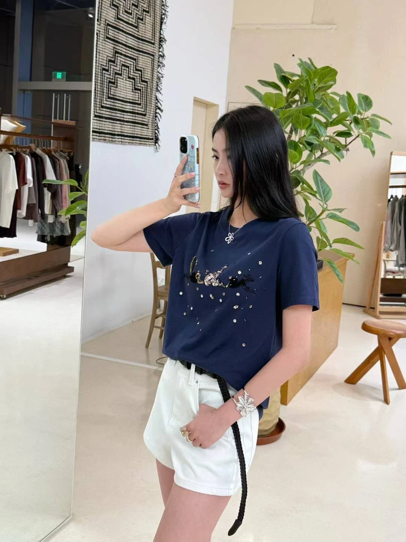 重工钉珠亮片点缀短袖女T恤衫2025年夏季新款圆领纯棉显瘦上衣衫