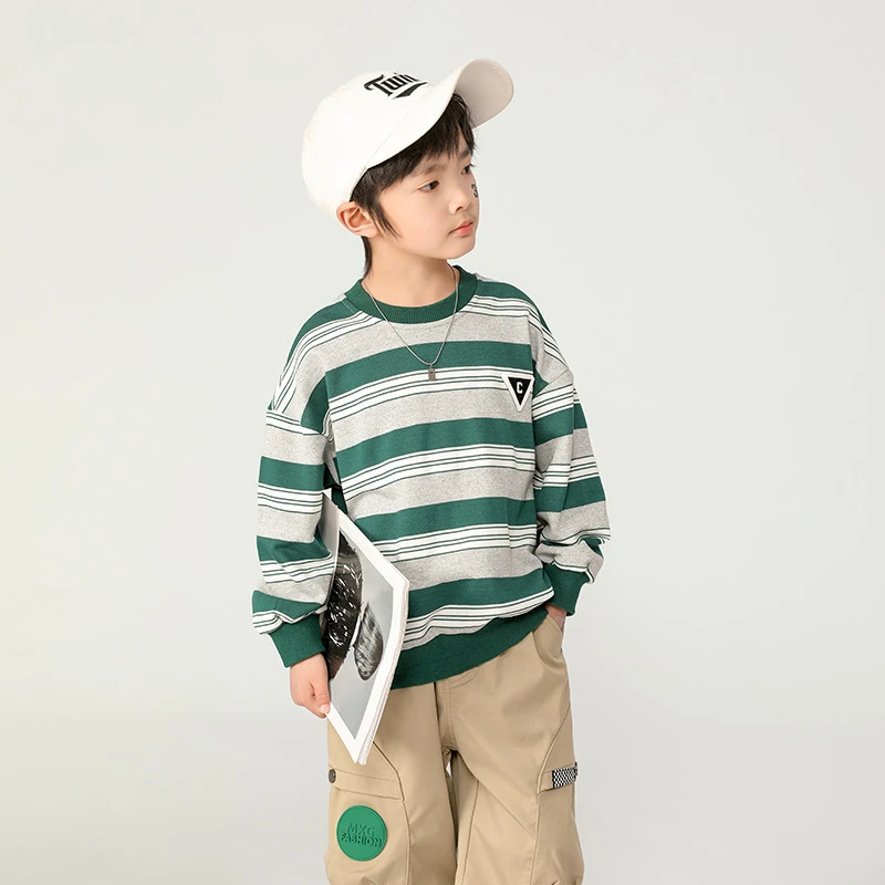 米西果男童卫衣儿童秋季2024新款条纹上衣春秋款中大童潮春装童装