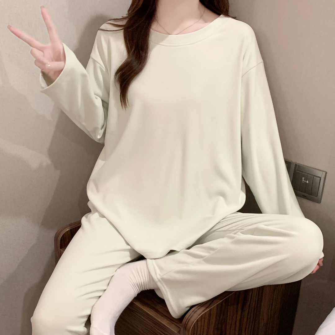 睡衣女新款秋冬季德绒休闲简约纯色女士可外穿圆领家居服长袖套装