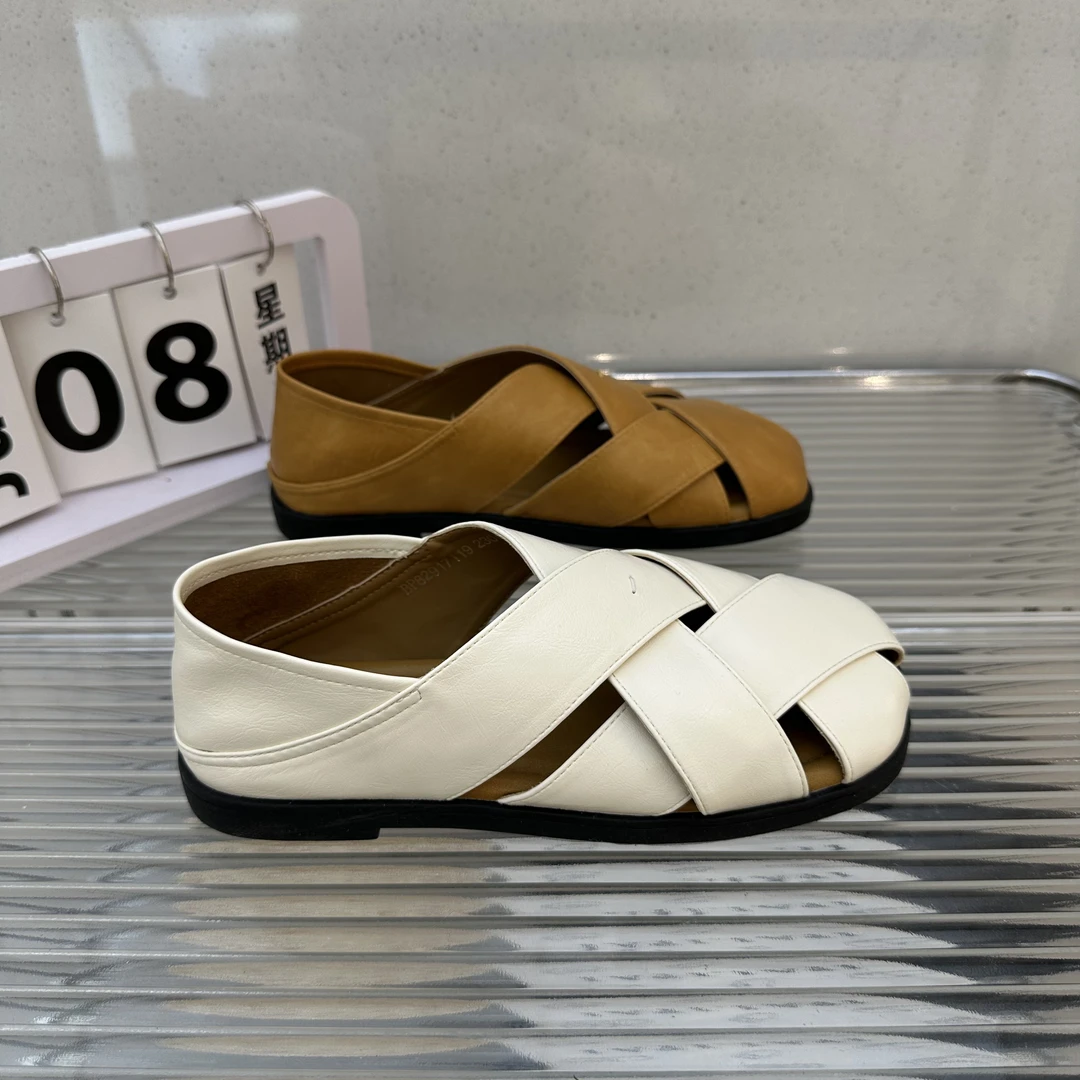 真皮方头凉鞋女2025夏季新款镂空复古编织时尚百搭两穿厚底罗马鞋