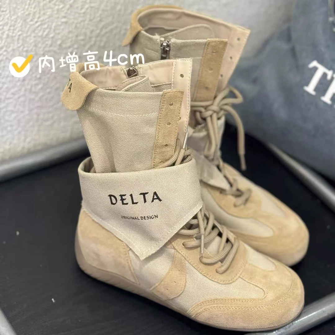 增高4cm~ 废土风三角巾绑带中筒拳击靴女新款小众ins潮薄款女短靴