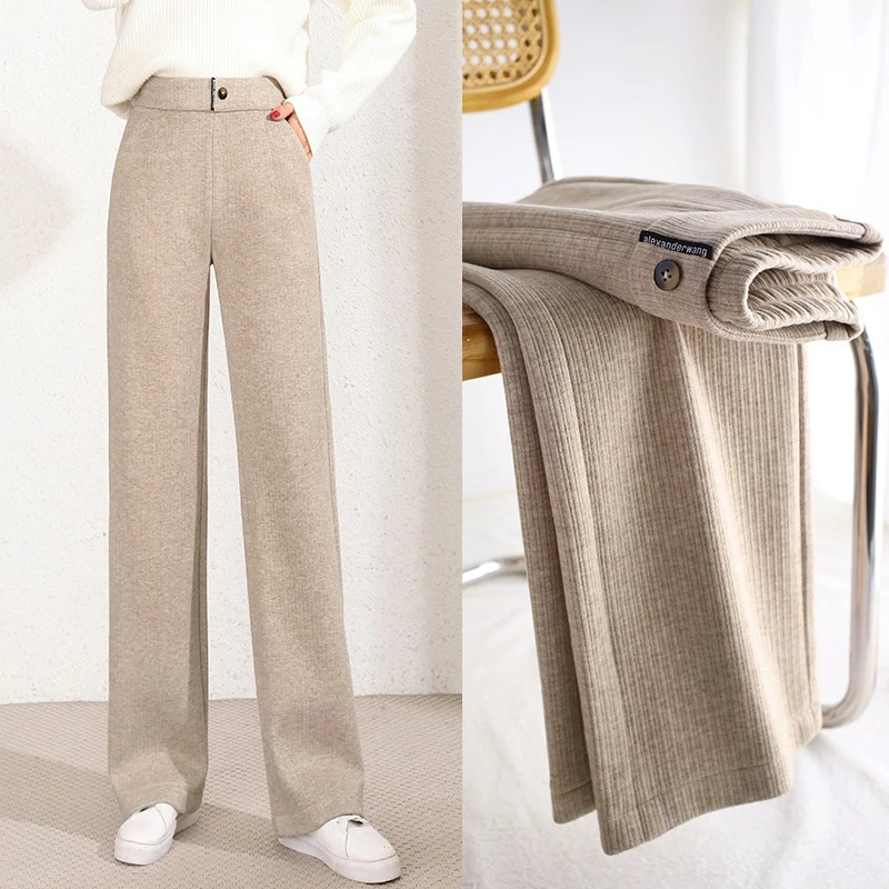 拉夏贝尔羊毛阔腿裤女裤2025年秋冬季新款直筒垂感休闲拖地长裤子