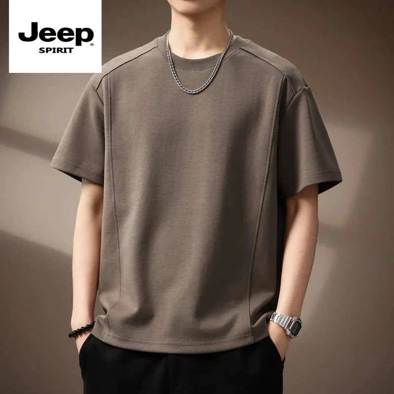 jeep吉普日系复古拼接简约短袖T恤男2025夏季宽松透气休闲体恤男