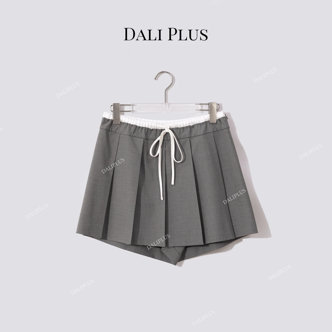 DALI PLUS“撞色双腰头裙裤”缎面醋酸腰头抽绳百褶裙-D5YR0014