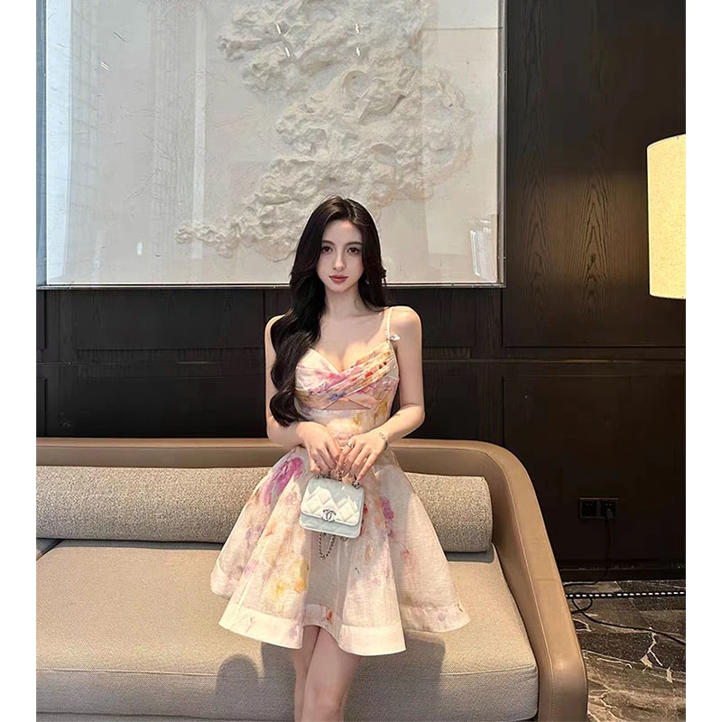 春日晕染花朵吊带连衣裙女丝麻扭结镂空收腰印花公主裙子夏季新款