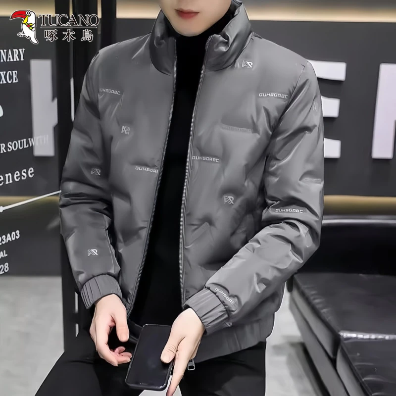 啄木鸟冬季新款时尚立领压花短款棉服男士潮牌加厚保暖棉衣外套潮