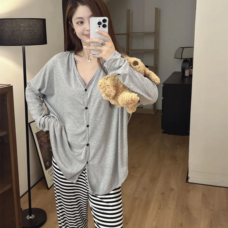 秋冬季莫代尔开衫套装休闲可外出长袖韩版宽松时尚长裤睡衣大码