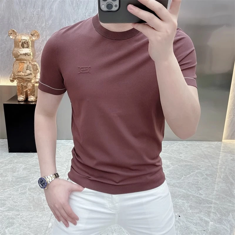 2025欧货轻奢男士针织冰丝短袖T恤纯色时尚百搭夏季半袖上衣25259