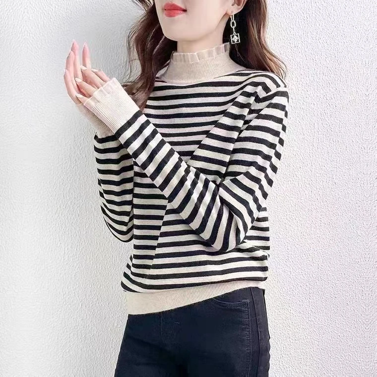 欧根纱蕾丝条纹针织打底衫女2025秋冬新款修身显瘦套头毛衣 866