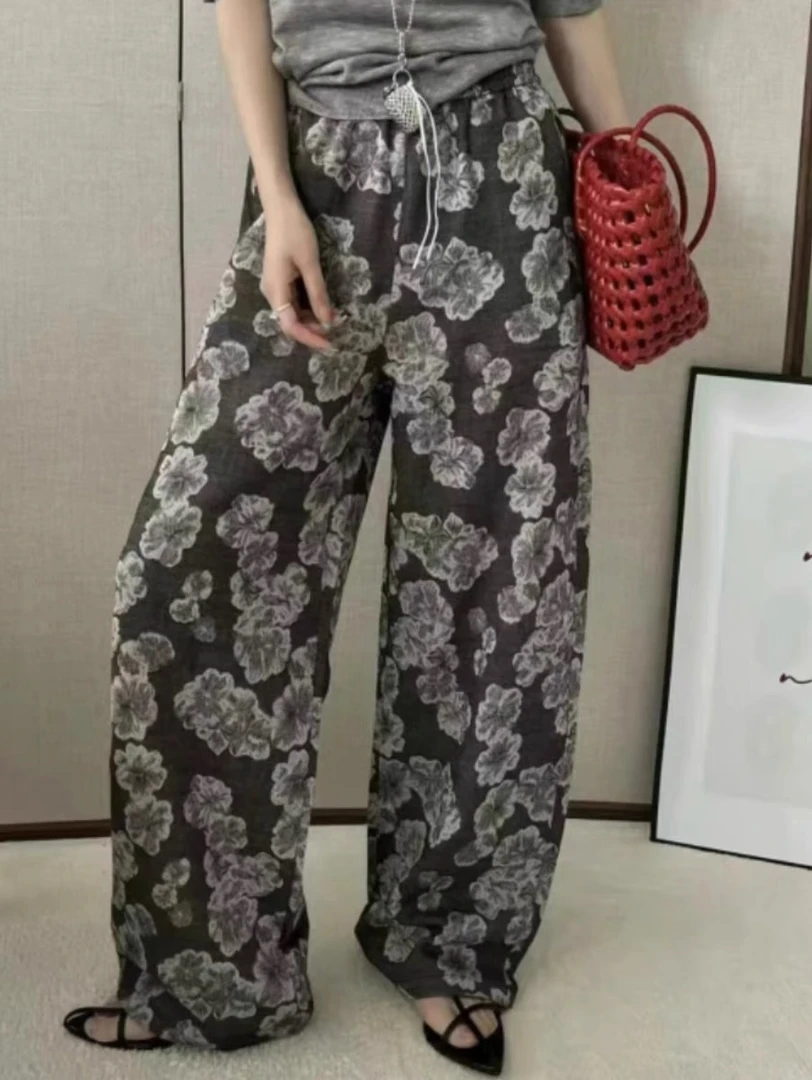 麻料花裤子 夏季薄款花卉印花弯刀阔腿休闲裤高腰显瘦松紧腰女裤