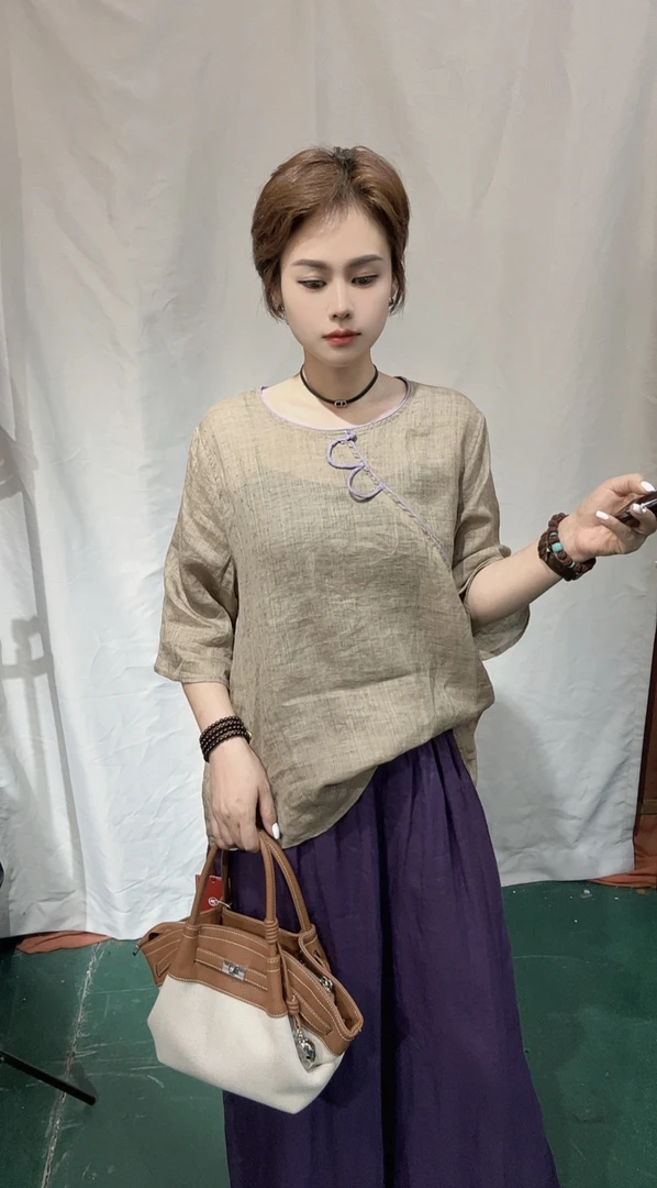 夏季薄款圆领斜襟纯苎麻手工盘扣撞色套头衬衫