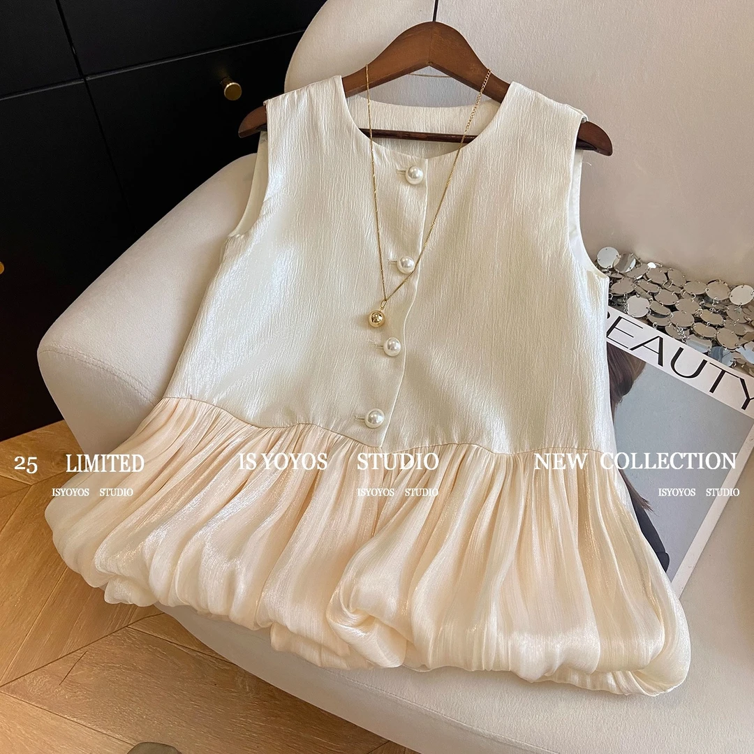 2025夏季新款法式小香风高级感荷叶边拼接圆领缎面马甲背心女上衣