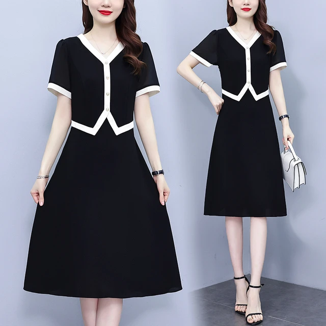 大码女装2025夏新款胖mm时尚撞色拼接假两件显瘦赫本风中长连衣裙