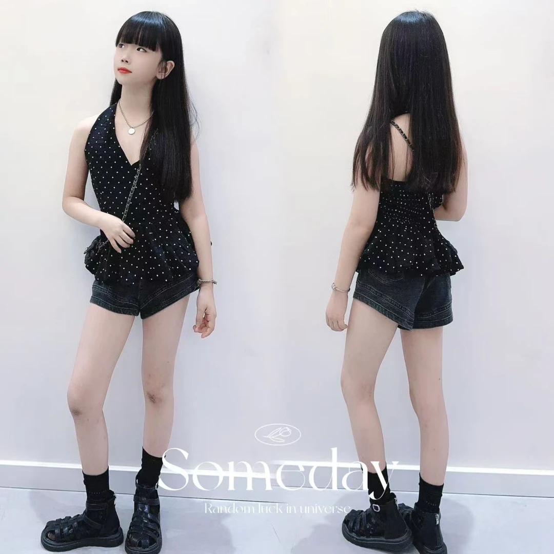 法式别致黑色波点挂脖v领背心吊带女童短裤