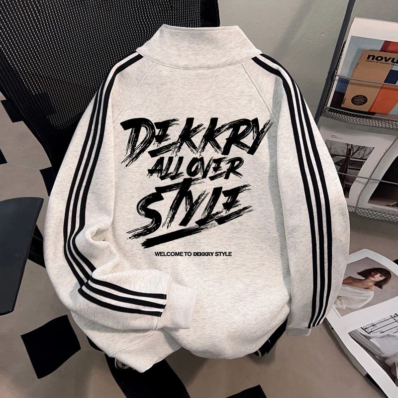 Dekkry秋冬立领三条杠开衫卫衣男女款潮酷字母印花港风情侣装外套