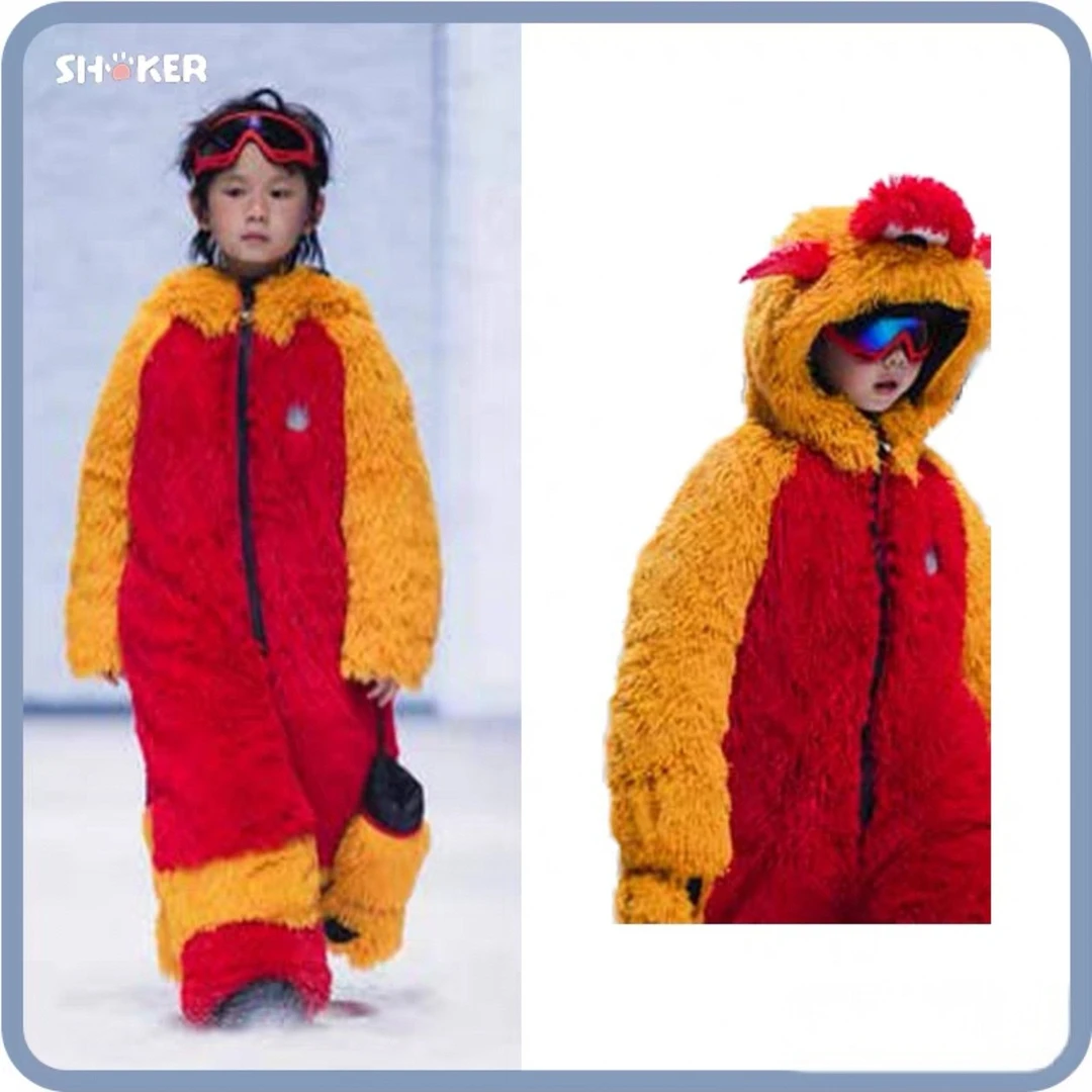 新款法国进口毛绒小怪兽儿童连身滑雪服保暖男女款送手套滑雪装备