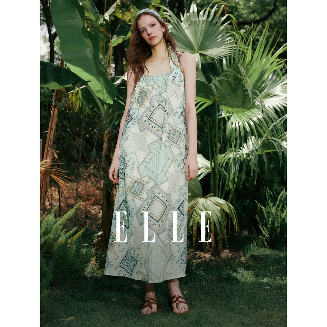 【ELLE】法式度假印花吊带连衣裙女2025夏新款优雅串珠EL51398