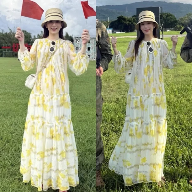 方媛同款黄色印花连衣裙女夏2025新款高级感沙滩海边度假风长裙子