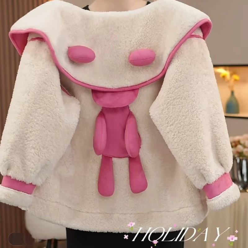 女童皮毛一体毛毛衣外套2025新款秋冬款中长款卡通小熊加厚羊羔毛